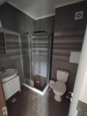 a bathroom with a shower and a toilet and a sink at Studio Павлови Домус Екстра in Sveti Vlas