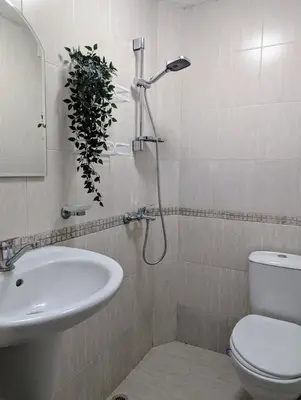 a bathroom with a shower and a toilet and a sink at Apartment Dimanov 1 in Burgas City