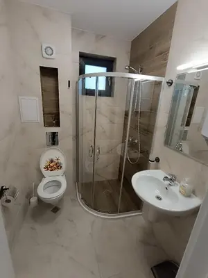 a bathroom with a shower and a toilet and a sink at Апартамент 10 улица Македония 33 in Pomorie
