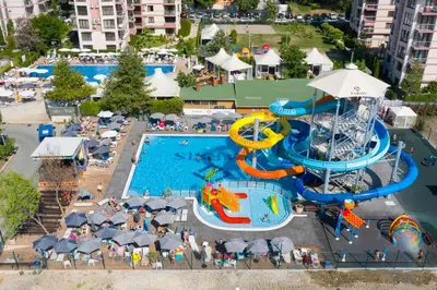 an aerial view of a water park with a water slide at All-inclusive Holiday Apartments in Tarsis Hotel & Aquapark in Sunny Beach