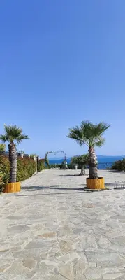 a stone walkway with palm trees on a beach at Sea apartment in Burgas City
