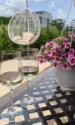 two glasses of white wine and a basket of flowers at Sea apartment in Burgas City