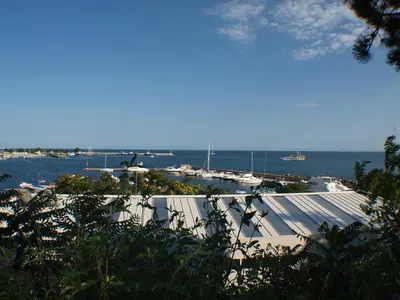 a view of a harbor with the ocean in the background at Nessebar View Apartament in Nesebar