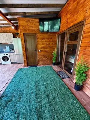 a room with a green rug on a wooden wall at Вила Бонита плаж Градина in Burgas City