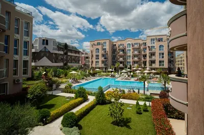 an aerial view of the courtyard of a resort with a swimming pool at Marea Garden, Ravda - 1BD Apartment with Pool by Flat Mаnager in Ravda
