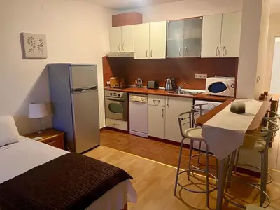 a small kitchen with a refrigerator and a table at Beachfront Studio with Sea Views in Sveti Vlas