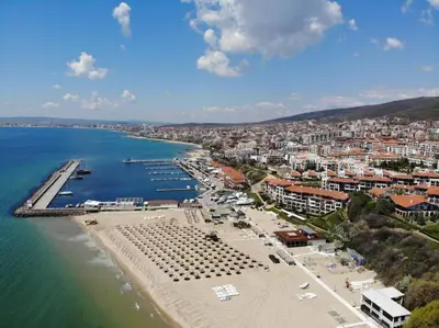 an aerial view of a beach with a harbor at Dolce Vita 1 Ap-6 in Sveti Vlas