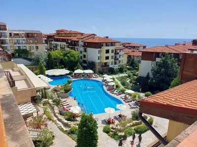 an aerial view of a resort with a swimming pool at Garden of Eden K 518 in Sveti Vlas
