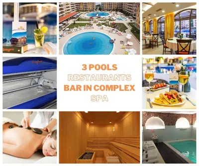 a collage of photos of a pool and a resort at Apartment George - 3 pools, 2 bedrooms & 2 bathrooms in Sunny Beach