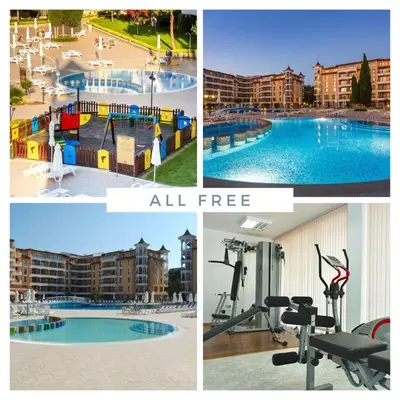 a collage of four pictures of a swimming pool at Apartment George - 3 pools, 2 bedrooms & 2 bathrooms in Sunny Beach