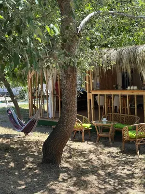 a hammock and a table and chairs under a tree at Каравана Бамбоо in Sozopol
