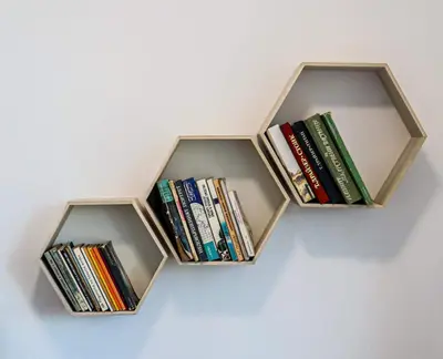 two book shelves filled with books on a wall at Конакъ Войнов in Yasna Polyana