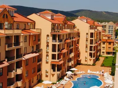 an aerial view of buildings and a swimming pool at Kasandra Apart Hotel in Sunny Beach