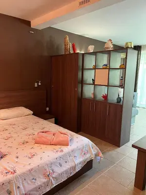 a bedroom with a bed and a book shelf at GREEN PARADISE apartments in Sveti Vlas