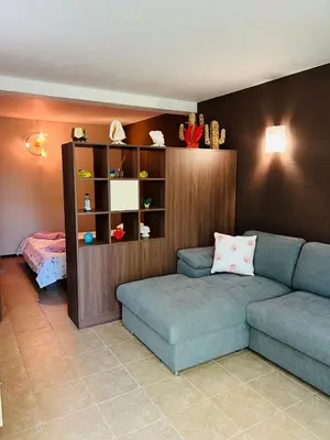 a living room with a couch and a book shelf at GREEN PARADISE apartments in Sveti Vlas