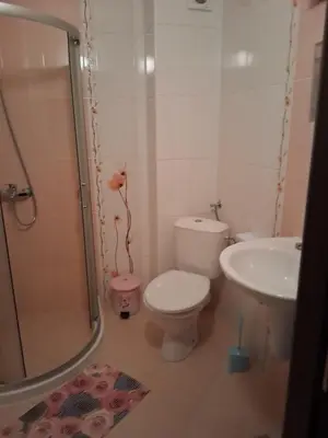 a bathroom with a shower and a toilet and a sink at Dobi Apartments in Pomorie