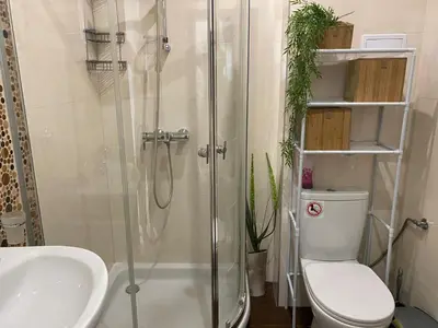 a bathroom with a shower and a toilet and a sink at Tryavna Beach Violet 42 in Sveti Vlas