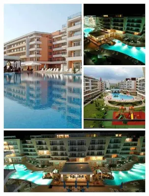 a collage of pictures of a hotel and a swimming pool at Grand Кameliq - MORSKI BRIZ apartment in Sunny Beach