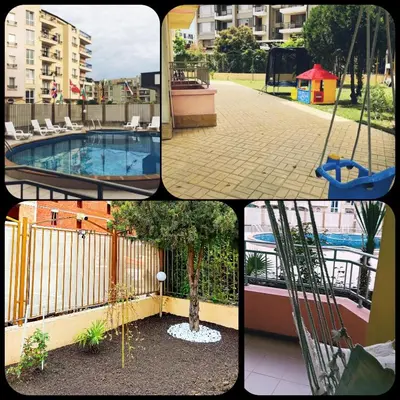 a collage of photos with a swing and a pool at One Sunny Home in Sunny Beach in Sunny Beach