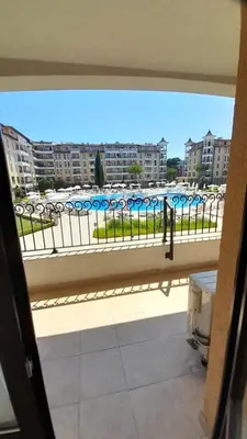 a view of a city from a window at 2 Room Apartment Royal Sun E24 with Poolview and big Balcony in Sunny Beach