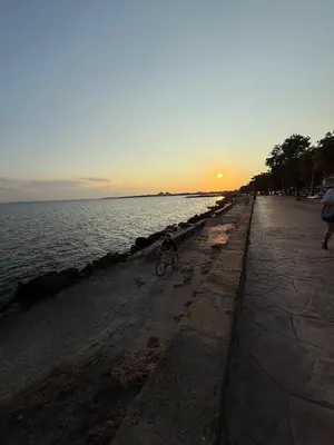 a person riding a bike on the beach at sunset at Pomorie S&T Home in Pomorie