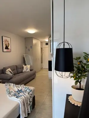 a living room with a couch and a potted plant at Dream Life Sozopol in Sozopol