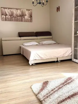 a bedroom with a bed and a rug at Apartment in Desi's house in Obzor