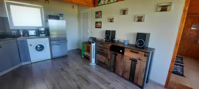a kitchen with a washer and dryer at Къща за гости тип Бунгало Арапя, Царево in Tsarevo