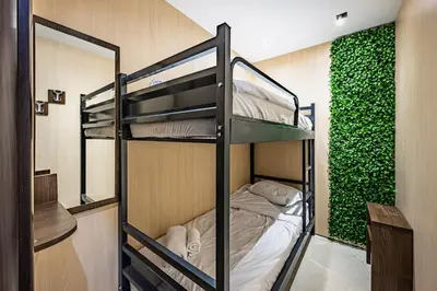a room with two bunk beds and a green wall at Heart of the city Hostel in Varna City