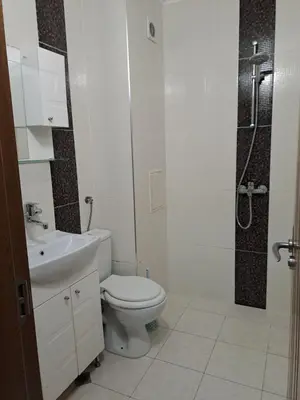 a bathroom with a toilet and a sink and a shower at Двустаен апартамент в Славейков in Burgas City