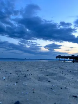 an empty beach with umbrellas on a cloudy day at Vega Stevi Vlas - Beachfront in Sveti Vlas