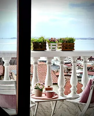 a balcony with a table with potted plants on it at Vila Nikoleta in Sveti Vlas