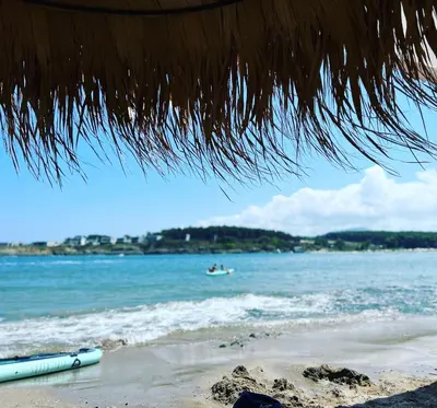a view of a beach with a boat in the water at Coastal home Arapya in Tsarevo