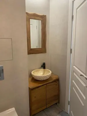 a bathroom with a sink and a mirror at Coastal home Arapya in Tsarevo