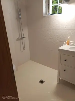 a bathroom with a shower and a sink at Villa Maria in Sveti Vlas