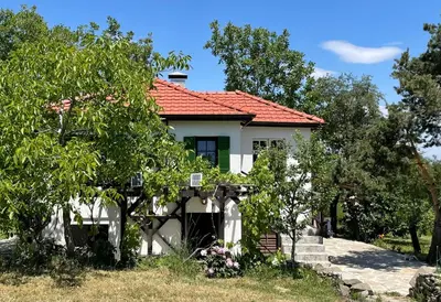 a white house with a red roof and trees at Villa Suhodol