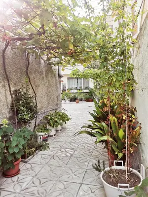 a courtyard with a bunch of potted plants at Studio Garden City Center Pomorie in Pomorie