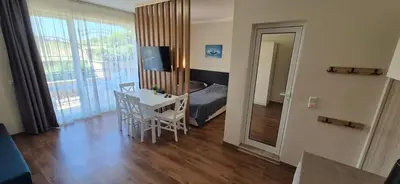 a room with a desk and a bedroom with a bed at Apartment Sofia Macon Residence Sveti Vlas in Sveti Vlas