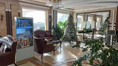 a living room with a christmas tree in a room at Romantic Studio Florence in Sveti Vlas