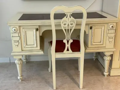 a white desk with a chair in front of it at Luxury Coastal Dreams Apartment in Sveti Vlas