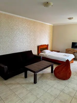 a bedroom with a bed and a couch and a table at Sea View Apartment Sveti Vlas in Sveti Vlas