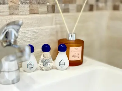 three bottles of soap sitting on a bathroom sink at Sweet tiny house-central studio in Varna City