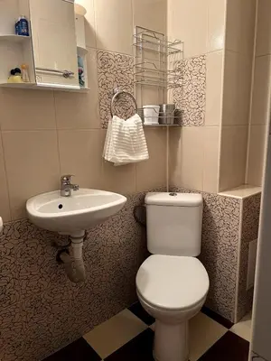 a bathroom with a toilet and a sink at Central 1BR Apartment Near Cathedral in Varna City