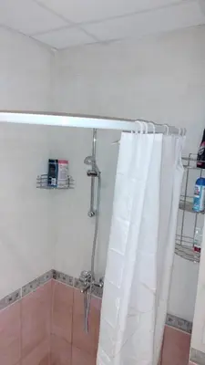 a shower with a white shower curtain in a bathroom at Apartment Photinia in Byala