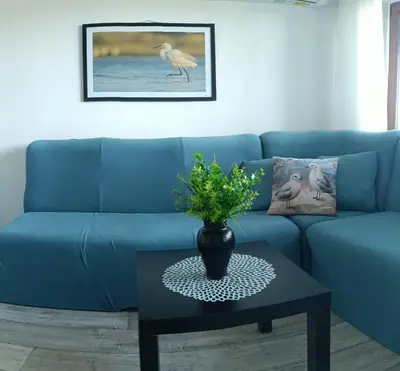 a blue couch with a table in a living room at Wild lakes home in Burgas City