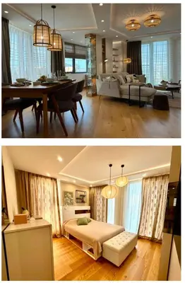 two pictures of a living room and a dining room at Azure View in Burgas City