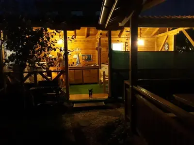 a dog standing in the doorway of a house at night at Бунгала Гнездото Bungalows The Nest Lozenets 2 in Lozenets