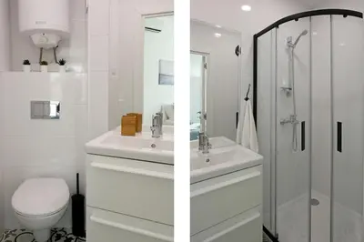 two images of a bathroom with a toilet and a shower at The Corner Studio in Varna City