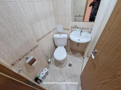 an overhead view of a bathroom with a toilet and sink at Ravda Holiday Village 1-bed seaview apartment in Ravda