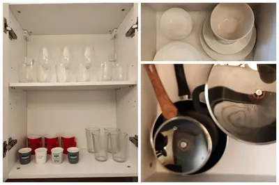 four different pictures of a kitchen with glass items at PasTelo - 6 min to the Beach & Promenade in Varna City
